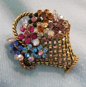 Rhinestone Flower Basket Vintage Brooch Pin